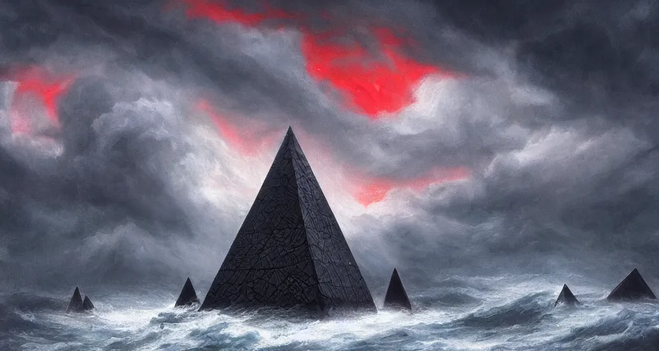 Image similar to black lovecraftian obsidian pyramid!! on a snowy island surrounded by raging stormy seas by eugene von guerard, ivan shishkin, night, red lightning!!, storm, dramatic lighting, concept art, trending on artstation, 8 k