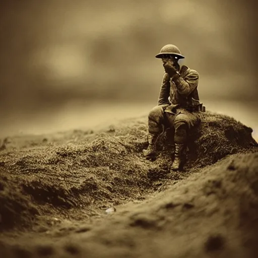 Prompt: tilt shift zombie pondering over a dug out trench wwi, dramatic light, zdzidaw, ultrafine, hyperrealistic, vintage, retro, 3 5 mm film still, movie