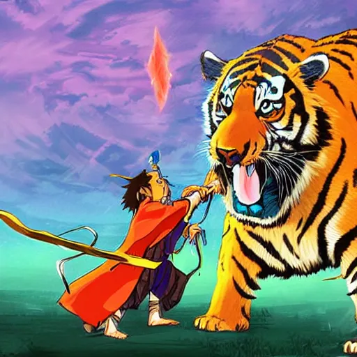 Image similar to A Wizard battling a Tiger by miyazaki miyamoto