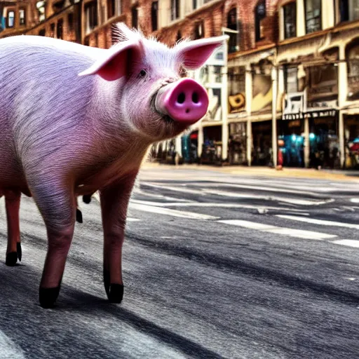 Image similar to award - winning hyperdetailed photograph of a giant!!!!!! pig walking across a city, 4 k, 8 k, high quality