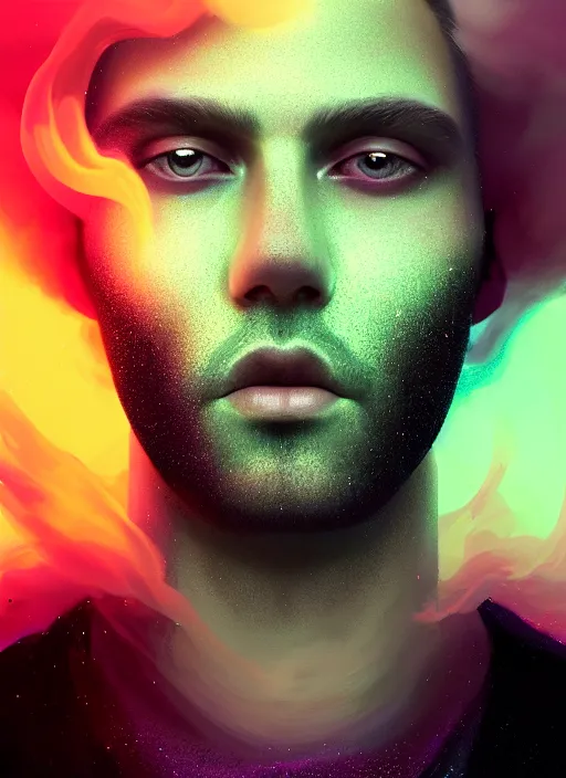 Image similar to an ethereal, misty portrait of a man whose face is accented with neon - toned glowing eyeliner. the makeup floats off his face and joins swirling clouds of smoke and fog, becoming an aurora. muted tones. surreal portrait, cinematic lighting, 8 k, smooth, sharp focus, digital painting, rendered in octane, painted by tom bagshaw, artgerm