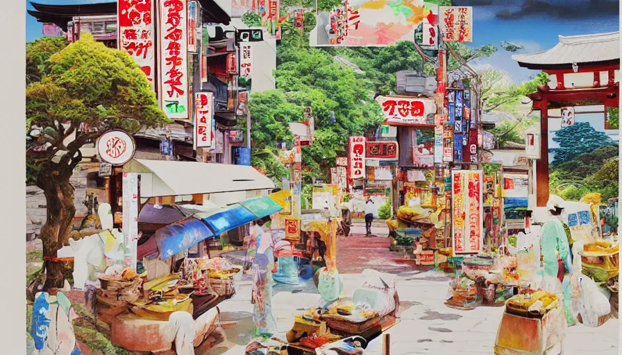 Prompt: Japan rural travel, food. craft and adventure, isolated on a minimalist white acrylic base coat, acrylic airbrush collage-painting by Jules Julien, Leslie David and Lisa Frank, muted colors with predominant white background minimalism, neon color mixed media painterly details, neo-classical composition, rule of thirds, design tension, impactful graphic design