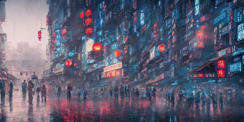 Prompt: china style, small building, city, street view, science fiction, cyberpunk, rain day, wide angle, full of people, moon, a lot of lights, cinematic lighting, high detail, digital painting, concept art, illustration, smooth, sharp focus, trending on artstation, trending on deviantart, 4 k