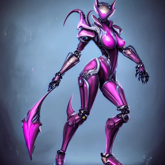 Image similar to highly detailed exquisite fanart, of a beautiful female warframe, but as an anthropomorphic robot dragon, shiny silver armor engraved, Fuchsia skin beneath the armor, elegant pose, close-up shot, full body shot, epic cinematic shot, long elegant tail behind, sharp claws for hands, professional digital art, high end digital art, singular, realistic, DeviantArt, artstation, Furaffinity, 8k HD render