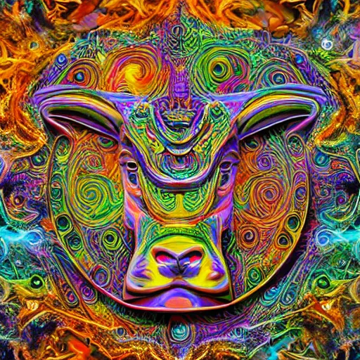 Image similar to Photorealistic physical manifestation of the zodiac taurus. Hyperdetailed photorealism, 108 megapixels, amazing depth, sharp focus, psychedelic overtones, 10k resolution