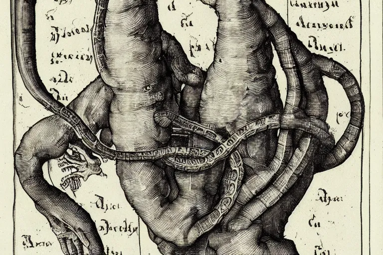 Image similar to anatomical diagram of a snake oil salesman by Albrecht Dürer