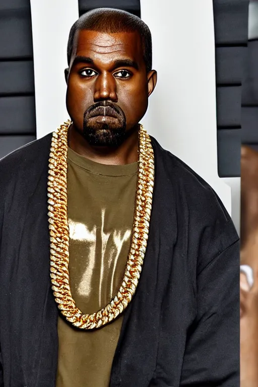 Prompt: kanye west wearing diamond miami cuban link chain with kanye head pendant made out of gold and diamonds