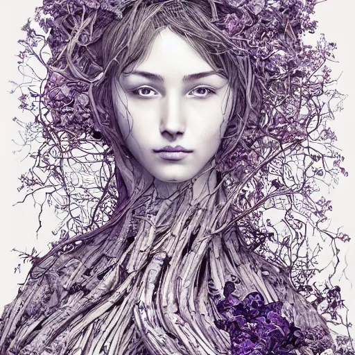 Image similar to the portrait of an incredibly beautiful woman made of potatoes roots and violets, an ultrafine detailed illustration by james jean, final fantasy, intricate linework, bright colors, behance contest winner, vanitas, angular, altermodern, unreal engine 5 highly rendered, global illumination, radiant light, detailed and intricate environment