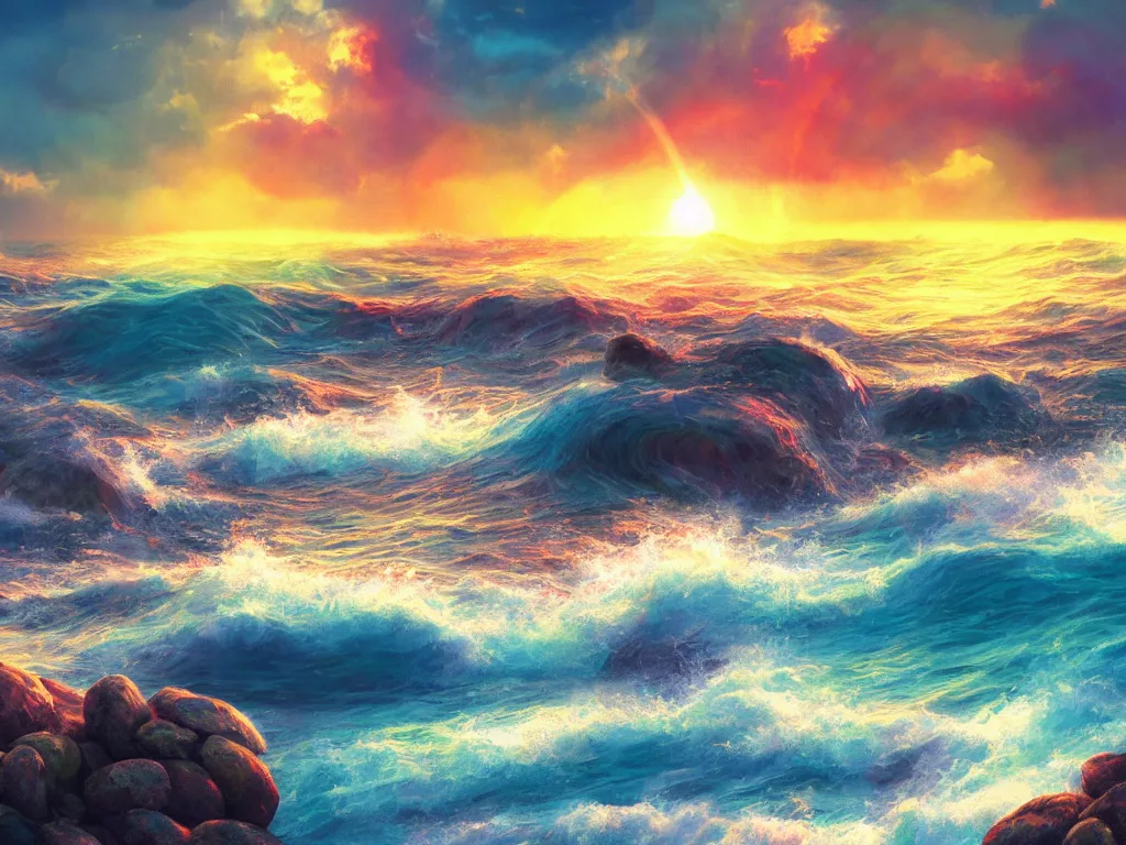 Prompt: Warm rainbow sunny colored stormy waves on beach rocks, avatar, sunny rainbow galaxy stormy sea, cinematic, sunset, hyper-realistic, high resolution, concept art, artstation