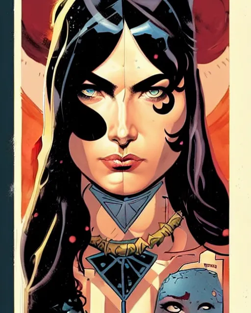 Image similar to mike mignola and sandra chevrier comic cover art, full body cute young lady, symmetrical eyes, bangs, rim lighting, vivid colors