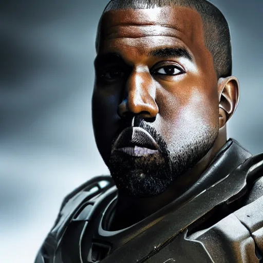 Image similar to kanye west as ( ( robocop ) ) in gears of war, kanye west face, splash art, movie still, cinematic lighting, detailed face, dramatic, octane render, long lens, shallow depth of field, bokeh, anamorphic lens flare, 8 k, hyper detailed, 3 5 mm film grain