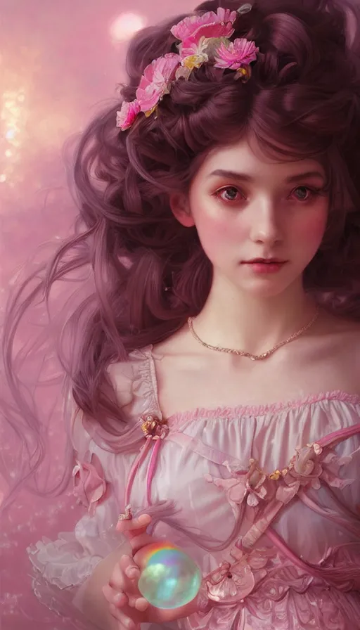 Image similar to portrait of magical lolita girl, dreamy and ethereal, pink eyes, peaceful expression, ornate frilly dress, fantasy, intricate, elegant, rainbow bubbles, highly detailed, digital painting, artstation, concept art, smooth, sharp focus, illustration, art by artgerm and greg rutkowski and alphonse mucha