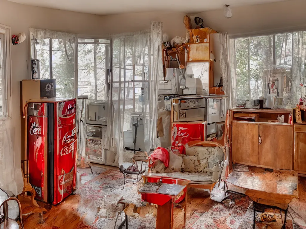 Prompt: a photo of a room with excellent interior design, natural light, some dappled light, vintage coca cola refrigerator