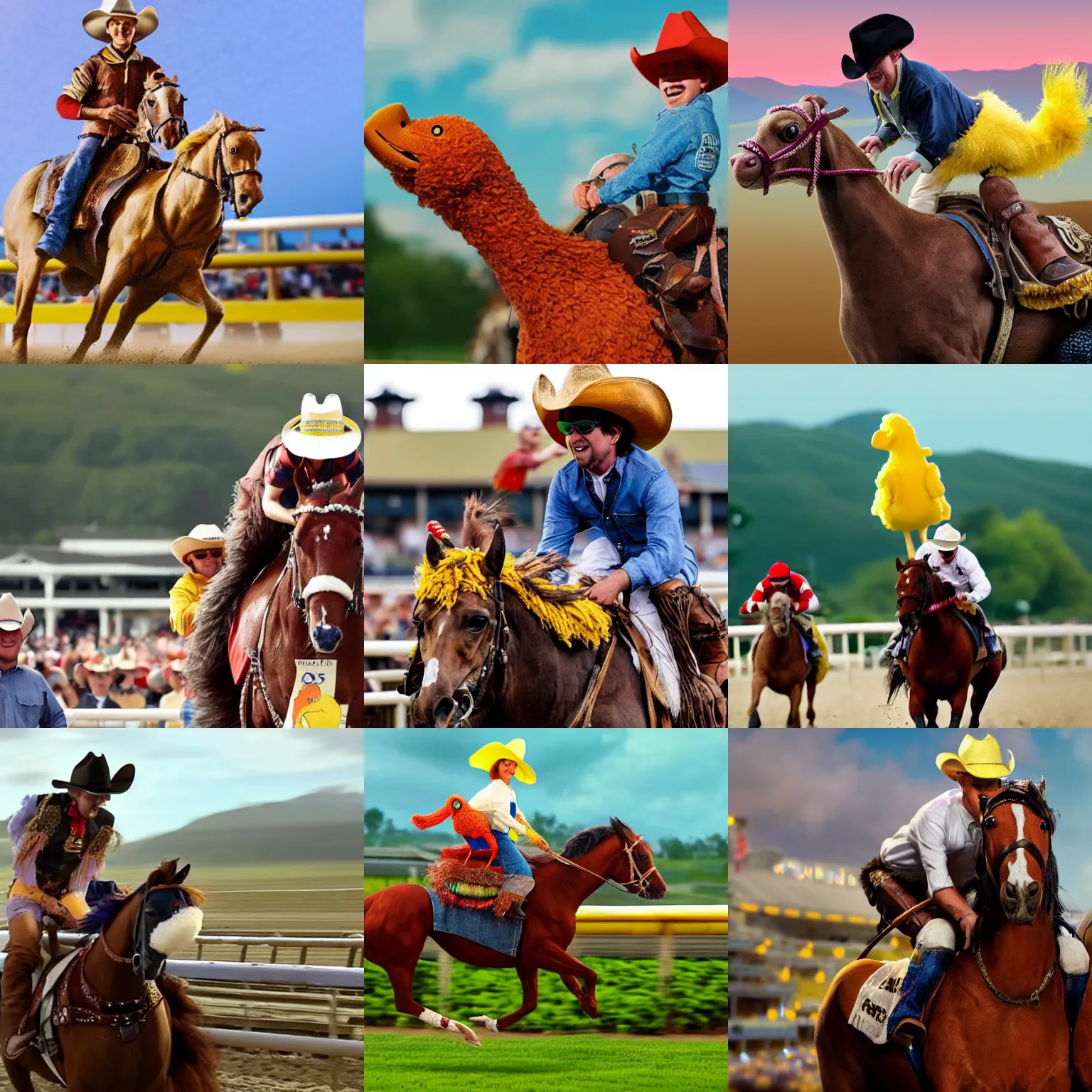 Prompt: big bird riding a halfling in the kentucky derby, wearing a cowboy hat, hyperrealistic, clean and pristine design, cinematic composition, dramatic lighting,