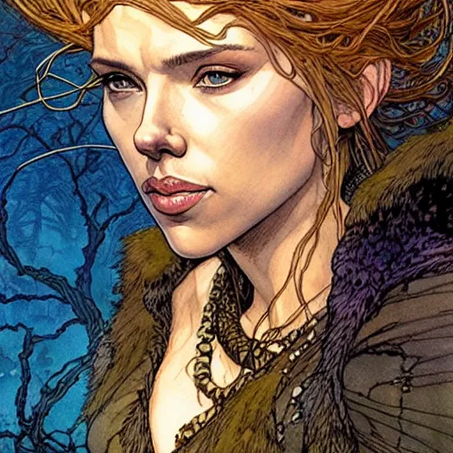 Image similar to a realistic, very beautiful and atmospheric portrait of scarlett johansson as a druidic warrior wizard looking at the camera with an intelligent gaze by rebecca guay, michael kaluta, charles vess and jean moebius giraud