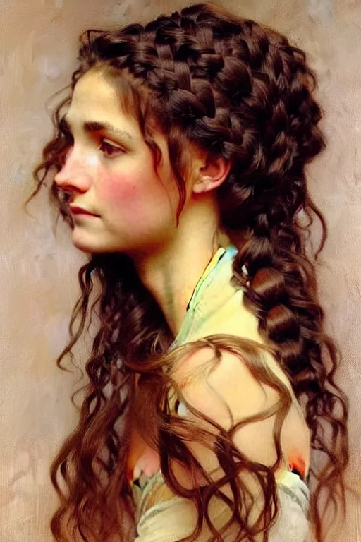 Prompt: portrait in profile with a complex hairstyle with lots of braids and curls, painting by daniel gerhartz, alphonse mucha, bouguereau, detailed art, artstation