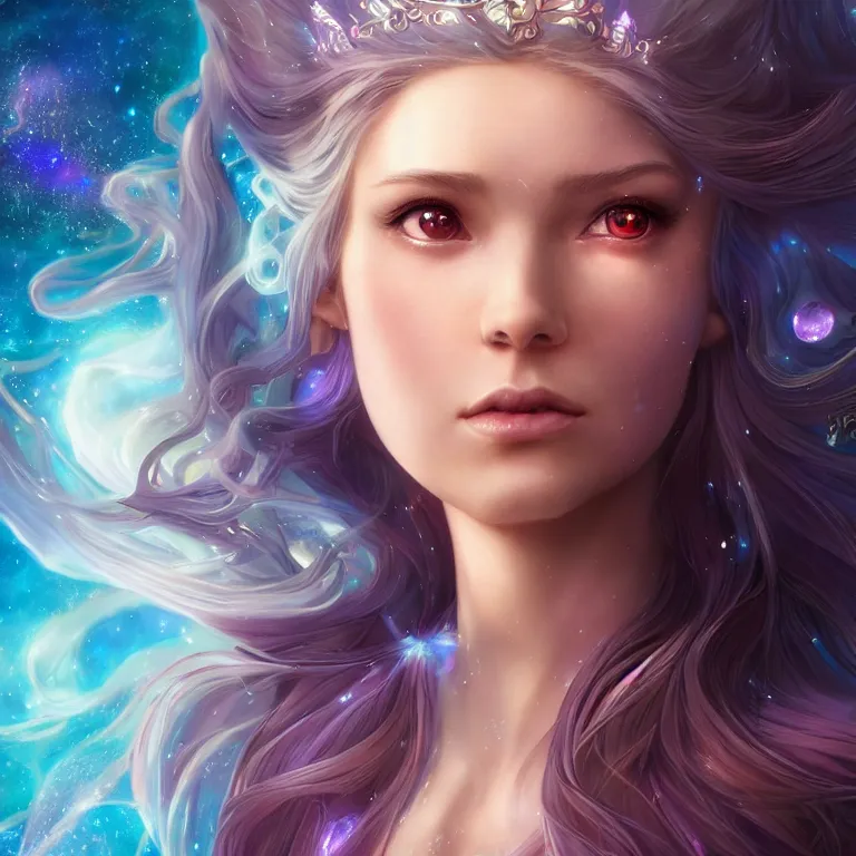 Image similar to beautiful cinematic fantasy poster, a beautiful princess like a disney princess hybrid with flowing illuminated hair, beautiful glowing galaxy eyes, wideshot ultrawide angle epic scale, hybrid from The Elden Ring and art direction by Darius Zawadzki ;by artgerm; wayne reynolds art station; cinematic quality character render; low angle; ultra high quality model; production quality cinema model;