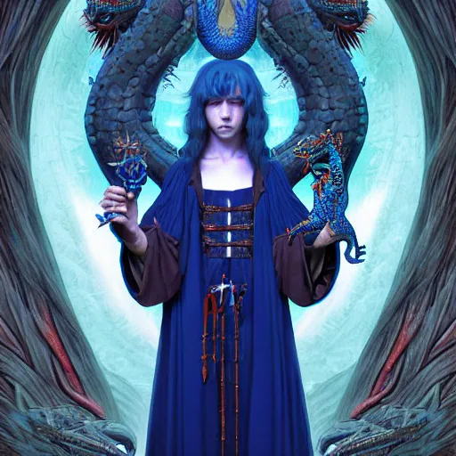 Prompt: half length portrait of a medieval fantasy sorcerer, a male blue dragon with electrcity magic, fantasy, d & d, high details, art by ( ( ( kuvshinov ilya ) ) ) and wayne barlowe and gustav klimt and artgerm and wlop and william - adolphe bouguereau