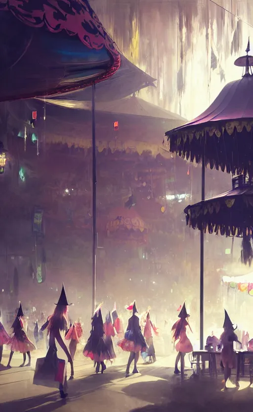 Image similar to close - up of student witches exploring and patrolling around a small carnival amusement, food stalls, big top circus tent, roaming entertainers, flashing lights, highly detailed, magical, japan mountains, digital painting, concept art, matte, art by ruan jia and wlop and greg rutkowski and makoto shinkai, masterpiece