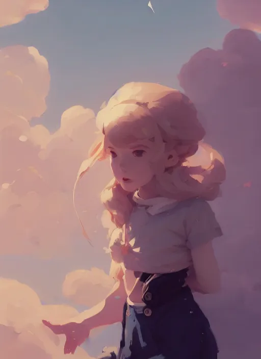 Image similar to portrait of cute maiden girl cowered, cloud sky background, by atey ghailan, by greg rutkowski, by greg tocchini, by james gilleard, by joe gb fenton, by kaethe butcher, dynamic lighting, gradient light blue, brown, blonde cream and white color in scheme, grunge aesthetic