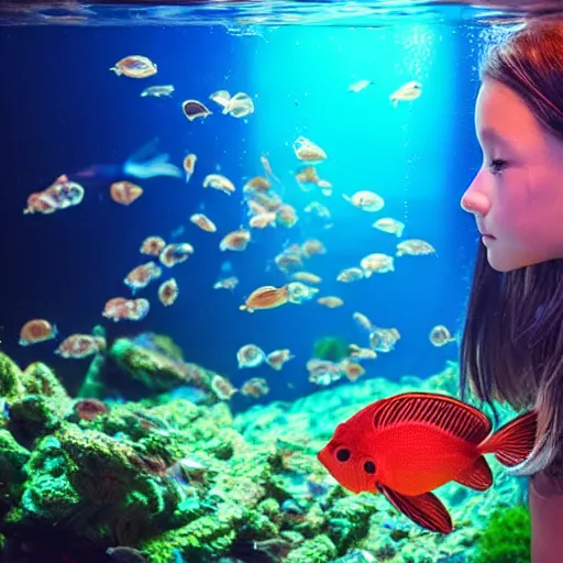 Prompt: girl head in a aquarium, lights caustic, tropical fish, surreal photography