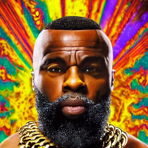 Image similar to a portrait photograph of joe rogan as mr. t wearing many gold chains with a psychedelic dmt background