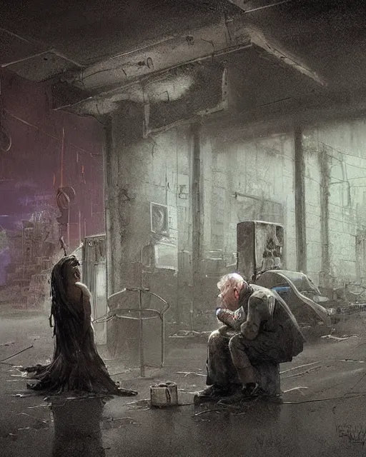 Image similar to a highly detailed epic cinematic concept art CG render digital painting artwork: old dead couple at a decayed gas station surrounded by dark figures. By Greg Rutkowski, in the style of Francis Bacon and Syd Mead and Norman Rockwell and Beksinski, open ceiling, highly detailed, painted by Francis Bacon and Edward Hopper, painted by James Gilleard, surrealism, airbrush, Ilya Kuvshinov, WLOP, Stanley Artgerm, very coherent, triadic color scheme, art by Takato Yamamoto and James Jean