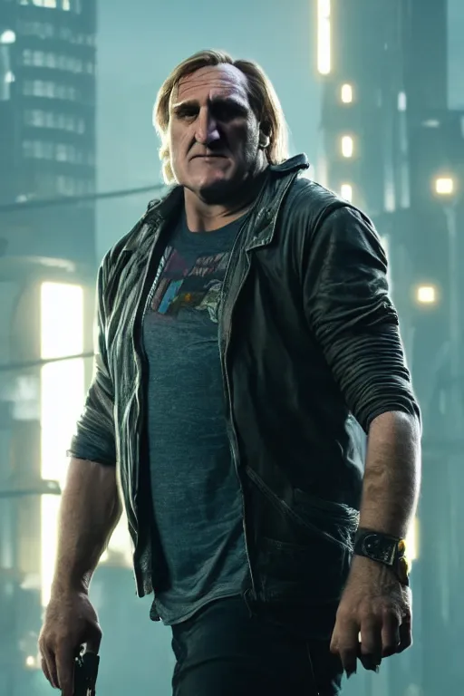 Image similar to a still of Gerard Depardieu in the movie Cyberpunk 2077 (2022), Nostromo, 4k, HD, high quality,