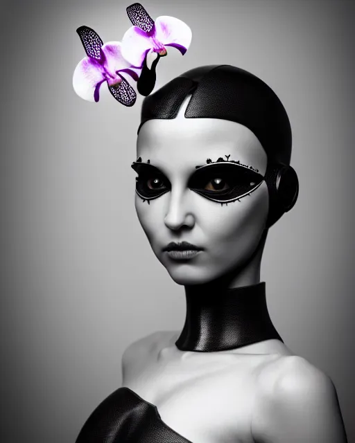 Prompt: surreal mythical dreamy dark artistic black and white fine art 3 / 4 portrait photo of a young delicate female robot with orchid - owl face, rim light, cinematic, studio dramatic light, poetic, octane render, 8 k, photo - realistic by hg giger