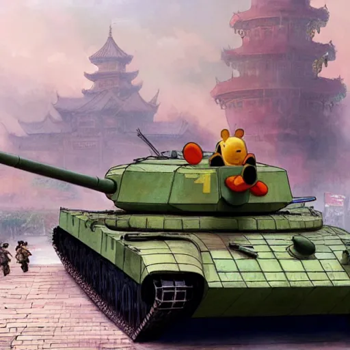 Image similar to screaming winnie the pooh having a tantrum in front of chinese type 5 9 battletank at tiananman square, dystopian, highly detailed, photorealistic, octane render, 8 k, unreal engine. art by artgerm and greg rutkowski and alphonse mucha