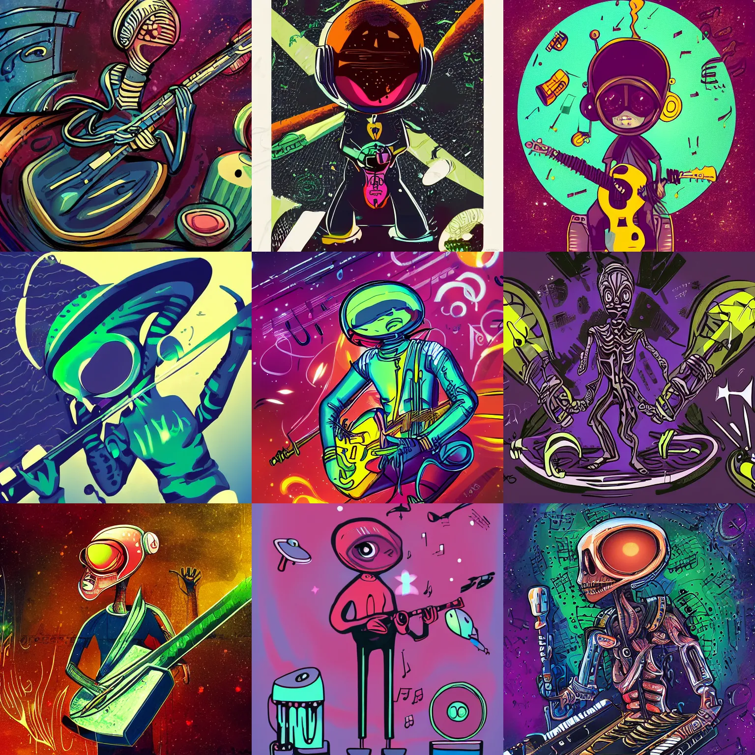 Image similar to an alien musician lost in space, surrounded by music, dark colors, digital art, hd, stylized character