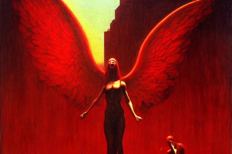 Image similar to only with red, a red angel announce the win, at the gates of a rich renaissance city. inthe background, pathos, in the style of beksinski, part by hopper, part by rodcenko, part by hofbauer, intricate composition, red by caravaggio, insanely quality, highly detailed, masterpiece, red light, artstation