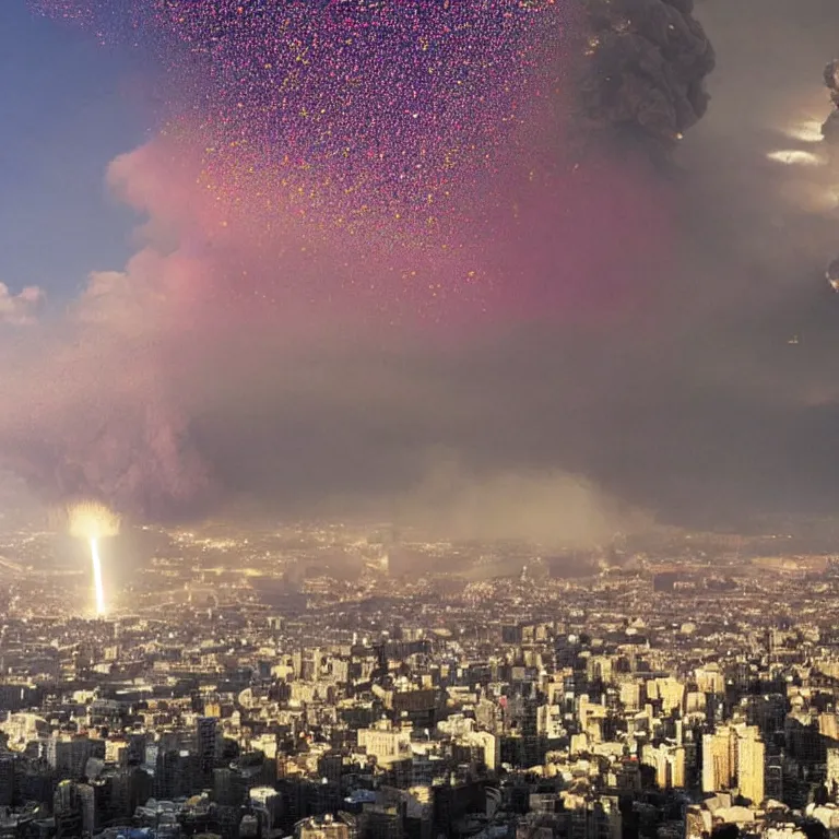 Image similar to huge glitter bomb explosion above city, mushroom cloud, flash illuminating city