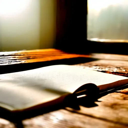 Prompt: highly detailed close up photo of an old worn notebook on wooden table, old table, feather pen, light coming out of near window, moody lighting, dim atmosphere, dust in air