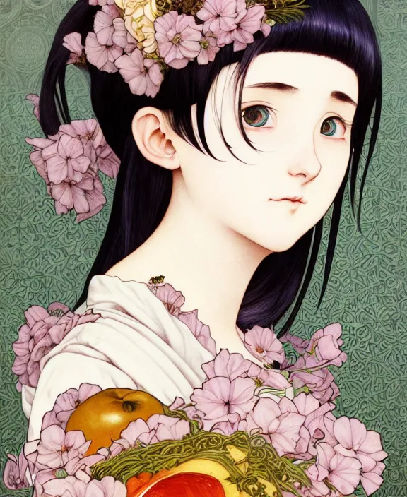 Image similar to portrait of a morbid 18 year old young woman wearing a cottage-core aesthetic dress with straight silky black hair, in a butcher shop, holding a butcher knife, insanely and epically detailed high-quality small details, beautiful golden ratio, exquisitely detailed soft shadowig style, epic illustration style, style of Range Murata and by Alphonse Mucha and by Katsuhiro Otomo.
