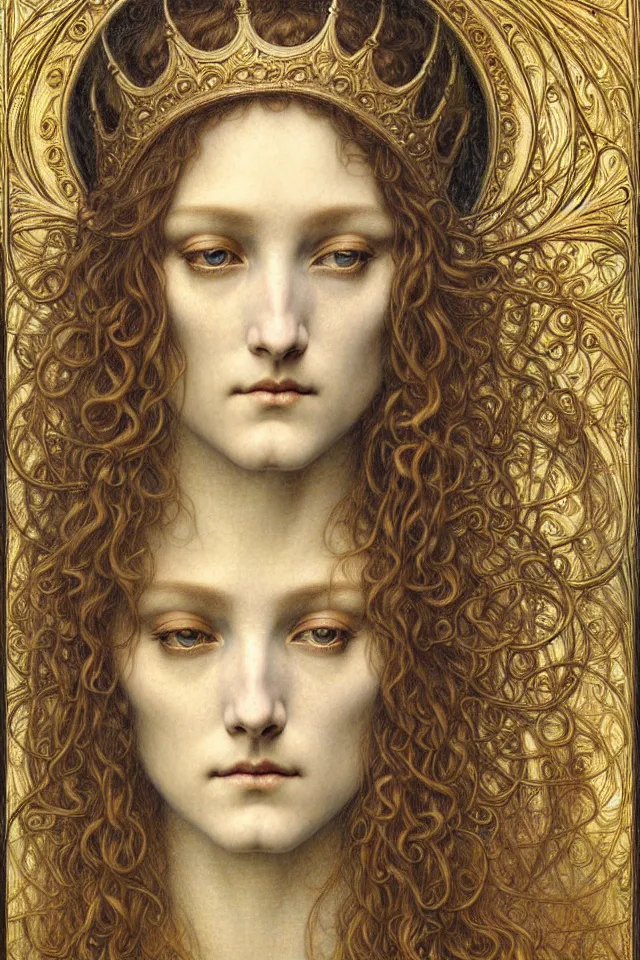 Image similar to detailed realistic beautiful young medieval queen face portrait by jean delville, gustave dore and marco mazzoni, art nouveau, symbolist, visionary, gothic, pre - raphaelite. horizontal symmetry