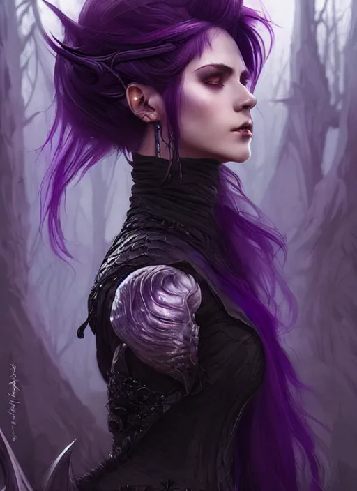 Image similar to side portrait dark witch, adventurer outfit large cloak, fantasy forest landscape, dragon scales, fantasy magic, undercut hairstyle, short purple black fade hair, dark light night, intricate, elegant, sharp focus, illustration, highly detailed, digital painting, concept art, matte, art by WLOP and Artgerm and Greg Rutkowski and Alphonse Mucha, masterpiece