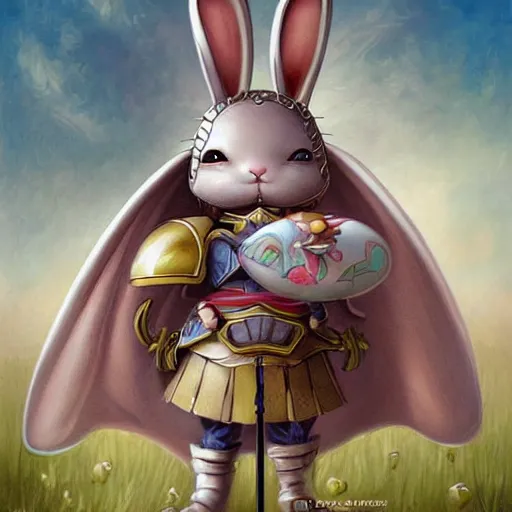 Prompt: a cute rabbit knight, digital painting byRoss Tran and Mark Ryden, cute and lovely, high detail, nursery poster