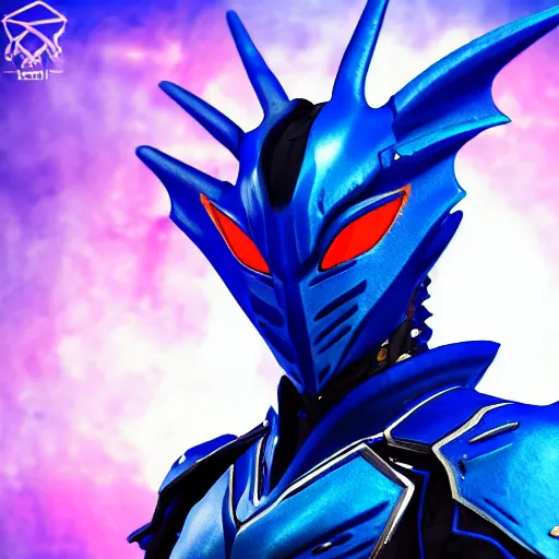 Prompt: dragon inspired High Fantasy Kamen Rider, blue with red secondary color, 4k, glowing eyes, daytime, black rubber undersuit