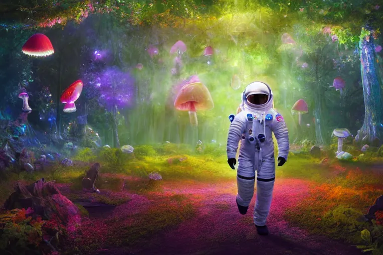 Image similar to An astronaut walking in an enchanted fantasy forest. Colorful. Glowing mushrooms. Flying fairies. Cinematic lighting. Photorealism.