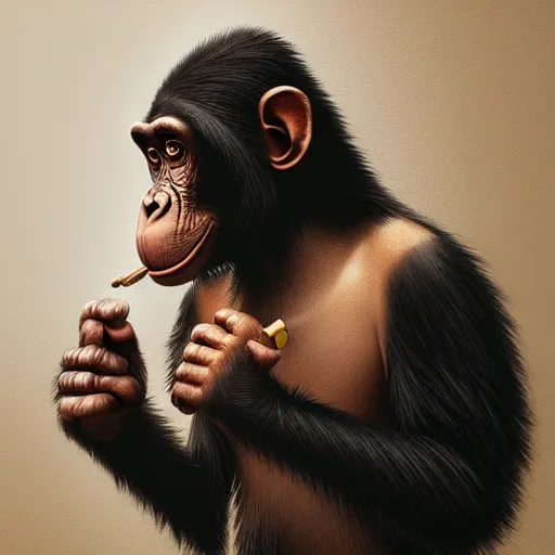 Image similar to a chimp wearing a suit smoking a cigar, dramatic lighting, cinematic, establishing shot, extremly high detail, photorealistic, cinematic lighting, artstation, style by James Gurney