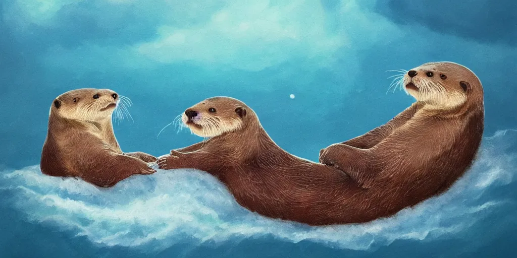 Image similar to otters hold hands while they sleep so nobody will drift away to the sea during the stormy night , fantasy illustration, cinematic, award winning, romantic, detailed trending on artstation, masterpiece