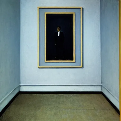 Image similar to a lonely figure in an haunted hotel abandoned room, hyperrealistic film still by edward hopper, by gottfried helnwein, by klimt, by de chirico, art noveau, highly detailed, strong lights, liminal, eerie, metaphysical, bright pastel colors,