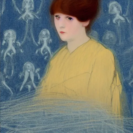 Image similar to a girl in a blue and gold liminal haunted ivory room, film still by goya, by mackintosh, elegant drawing, digital painting, jugendstil, art noveau, strong lights, flat colors, pastel colors