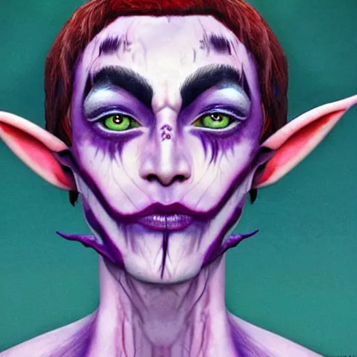 Image similar to a frightening, beautiful elf with violet skin, a scarred face, a bob haircut, and bushy eyebrows, smirking, in the style of jason edmiston