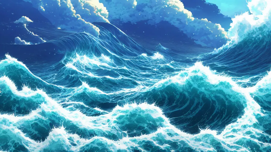 Prompt: highly detailed illustration of an ocean with big waves and lots of high exposure cummulonimbus clouds and active volcanos by makoto shinkai, by oliver vernon, by joseph moncada, by damon soule, by manabu ikeda, by kyle hotz, by dan mumford, by otomo, 4 k resolution