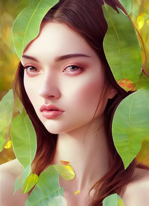 Image similar to gorgeous female full body sensual covered in translucent leaf and petals in the style of stefan kostic, cute - fine - face, dasha taran, backlit, refracted lighting, elegant, half body shot, 8 k, insanely detailed, intricate, art by stanley lau, artgerm, wlop, kuvshinov ilya,