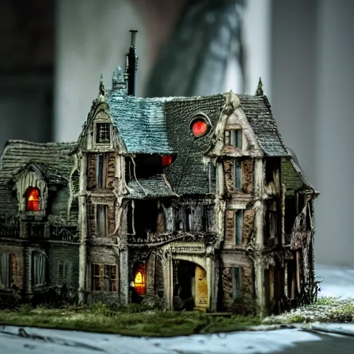 Image similar to 90mm f/2.8 macro photo of a haunted house diorama by tim burton