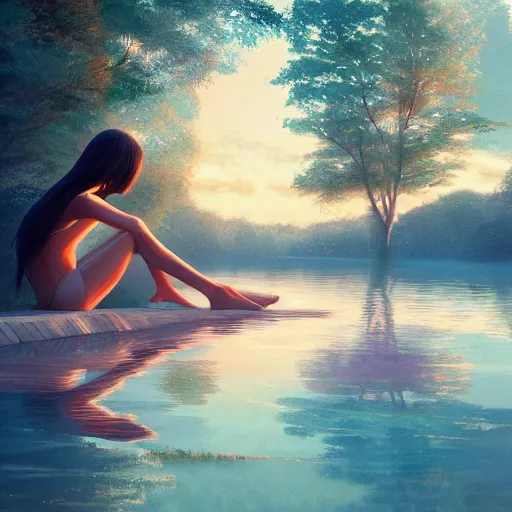 Image similar to woman sitting with her feet in a lake, beautiful and relaxing, very very very long hair, Makoto Shinkai ilya kuvshinov and Wojtek Fus