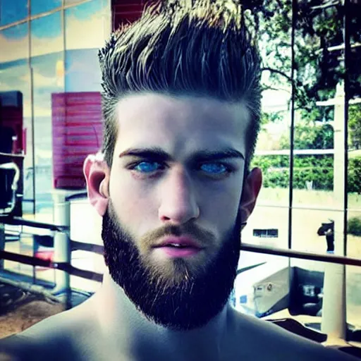 Image similar to “a realistic detailed photo of a guy who is an attractive humanoid who is half robot and half humanoid, who is a male android, baseball player Bryce Harper, shiny skin, posing like a statue, blank stare”